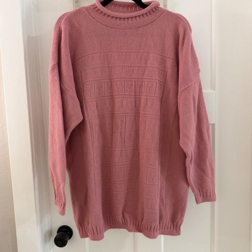Vintage Spunky Pink Heart Knit Mock Neck Oversized Sweater USA Cottagecore